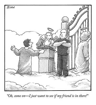 Heaven Wall Art featuring the drawing A Man At Heaven's Gate Pleads To St. Peter by Harry Bliss