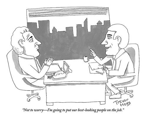 Good Drawing - A Man Behind A Desk Speaks To Another Man In An by Trevor Hoey