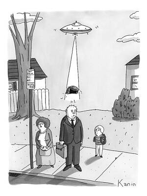 Alien Wall Art featuring the drawing A Man Has His Toupee Abducted By Aliens Traveling by Zachary Kanin