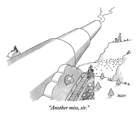 Shoot Wall Art featuring the drawing A Man Holding Binoculars Speaks To A Man by Jack Ziegler