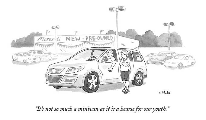 Youth Drawing - A Man In A Minivan Speaks To A Woman At A Car by Emily Flake