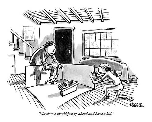 Wall Art featuring the drawing A Man Is Holding The Arms Of A Cat In A Tux by Shannon Wheeler