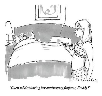 Underwear Drawing - A Man Is Laying On One Side Of A Big Bed Reading by Michael Crawford