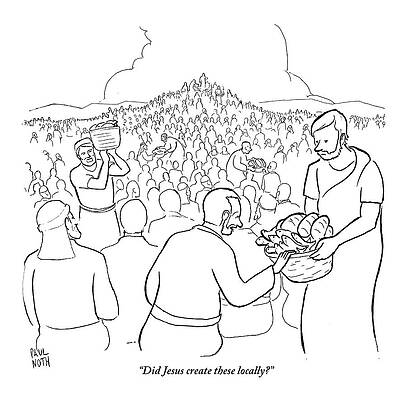Crowd Drawing - A Man Is Passing Out Loaves And Fish To A Large by Paul Noth