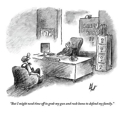 Gun Drawing - A Man Is Sitting Behind A Desk Talking To A Man by Frank Cotham