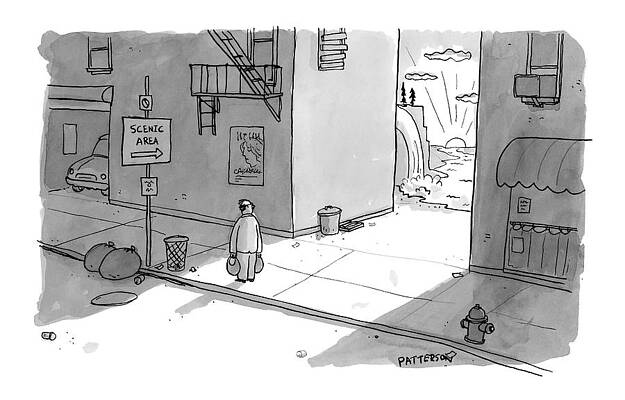 Alley Wall Art featuring the drawing A Man Passing An Alley With A Sign Pointing by Jason Patterson