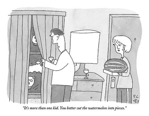 Halloween Wall Art featuring the drawing A Man Peers Out The Window At Trick-or-treaters by Peter C. Vey