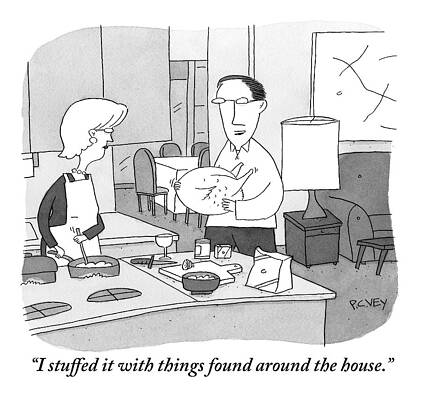 Cooking Wall Art featuring the drawing A Man Presents A Stuffed Turkey To A Woman by Peter C. Vey