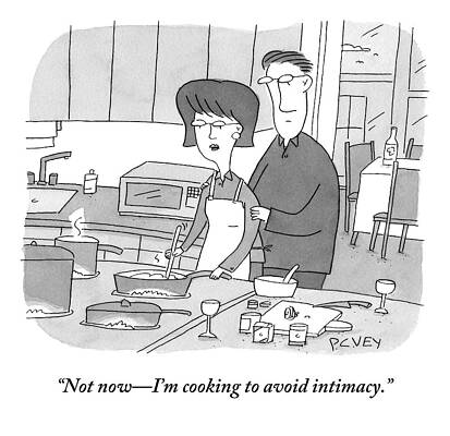 Cooking Wall Art featuring the drawing A Man Rubs The Back Of A Woman As She Prepares by Peter C. Vey