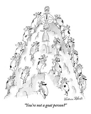 Meditation Wall Art featuring the drawing A Man Sits On Top Of A Mountain With Goats by Victoria Roberts