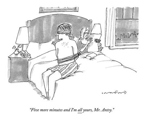 Underwear Drawing - A Man Sits Tied Up In His Underwear On The Bed by Michael Crawford