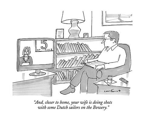 Sailor Wall Art featuring the drawing A Man Sitting At Home Watches A News Report On Tv by Michael Crawford