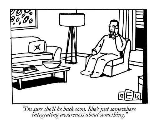 Meditation Wall Art featuring the drawing A Man Speaks On The Phone In His Living Room by Bruce Eric Kaplan