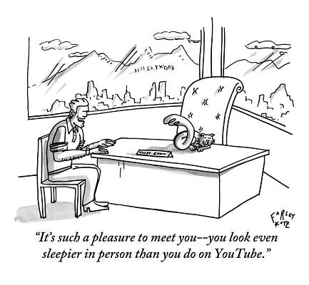 Hollywood Wall Art featuring the drawing A Man Speaks To A Cat Who Is Asleep On A Desk by Farley Katz