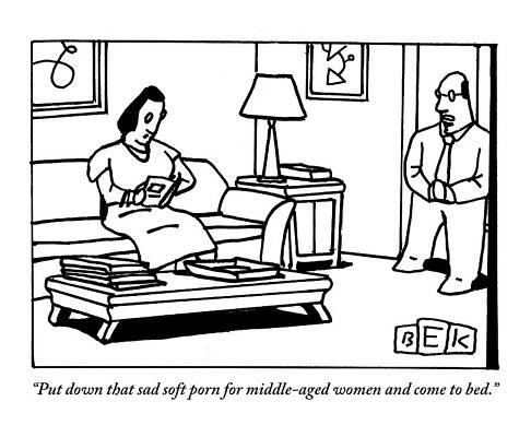 Shade Wall Art featuring the drawing A Man Speaks To A Woman Who Is Reading by Bruce Eric Kaplan