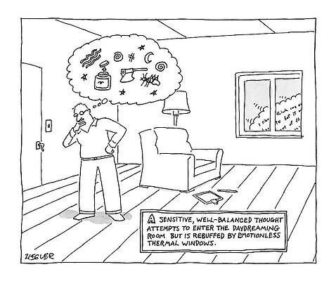 Thinking Wall Art featuring the drawing A Man Stands In A Room With A Large Thought by Jack Ziegler