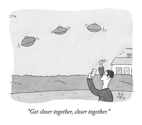 Alien Wall Art featuring the drawing A Man Takes A Picture Of Ufo's by Peter C. Vey