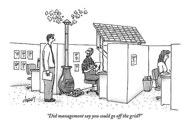 Wall Art featuring the drawing A Man Wearing Overalls Has A Solar Panel Hooked by Tom Cheney