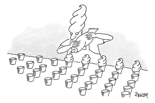 Cooking Drawing - A Man With A Cupcake Styled Hairdo Puts Icing by Jack Ziegler