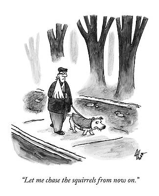 Walking Drawing - A Man With His Arm In A Sling Walks His Dog by Frank Cotham