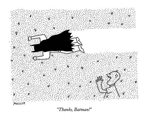 Batman Wall Art featuring the drawing A Man Yells To Batman Who Is Eating Thousands by Peter Mueller