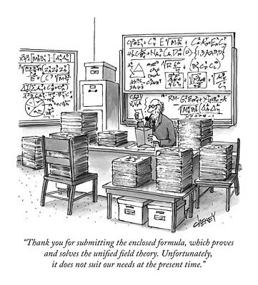 Wall Art featuring the drawing A Mathematician In A Room Full Of Stacked Papers by Tom Cheney