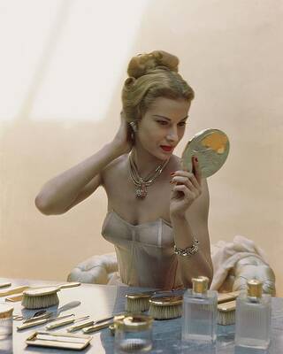 Elegant Woman with Vintage Mirror Wall Art