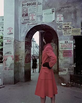 Woman Observing Posters at Archway Wall Art