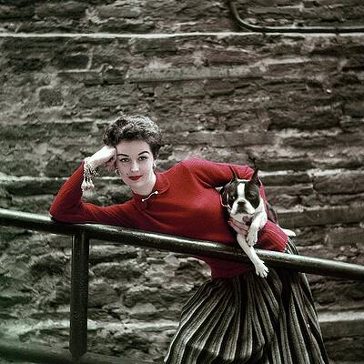 Woman in Red with Boston Terrier Photograph