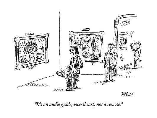 Remote Wall Art featuring the drawing A Mother And Child Stand In Front Of Paintings by David Sipress