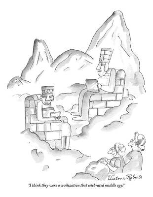 Native Drawing - A Pair Of Sightseers Admire Ancient Statues That by Victoria Roberts