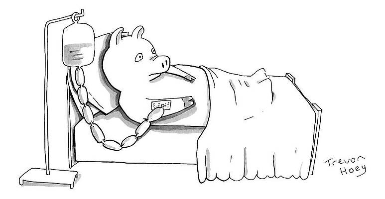 Meat Drawing - A Pig Is Hooked Up To An Iv Shaped Like Sausages by Trevor Hoey