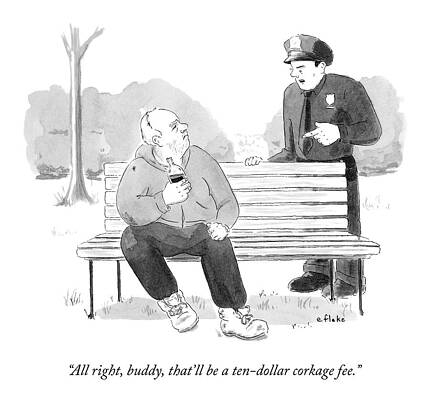 Public Wall Art featuring the drawing A Police Officer Confronts A Man Drinking by Emily Flake