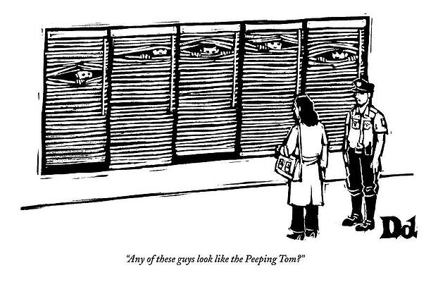 Curtain Drawing - A Police Officer Shows A Woman A Lineup Of Men by Drew Dernavich