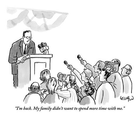 Family Wall Art featuring the drawing A Politician Addresses A Press Conference by Robert Leighton