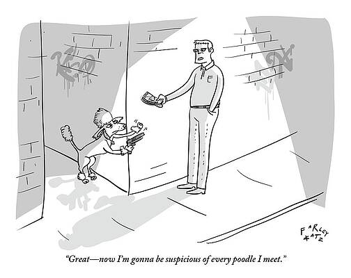 Alley Wall Art featuring the drawing A Poodle Mugs A Man In The Alley by Farley Katz