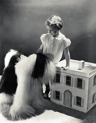 Girl with Vintage Dollhouse and Dog Wall Art