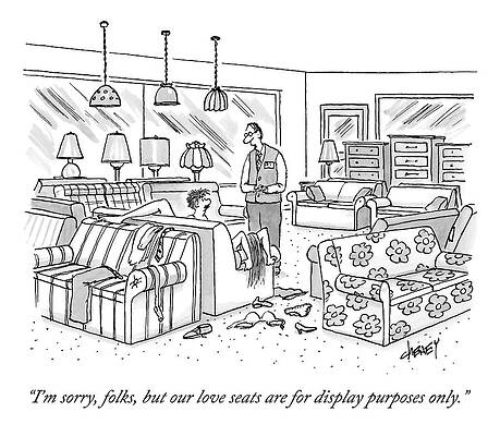 Public Wall Art featuring the drawing A Salesperson In A Furniture Store Addresses Two by Tom Cheney