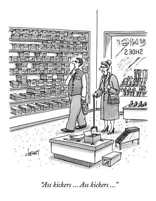 Old Drawing - A Shoe Salesman Browses The Selection Of Shoes by Tom Cheney