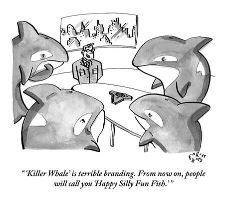 Name Wall Art featuring the drawing A Suited Man Speaks To A Group Of Killer Whales by Farley Katz