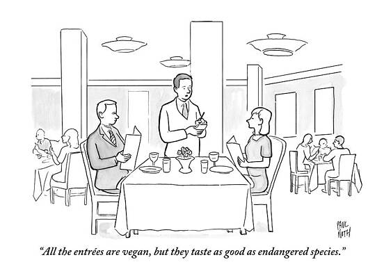 Vegan Drawing - A Waiter Addresses A Couple Who Are Seated by Paul Noth