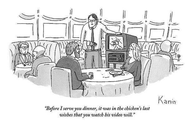 Chicken Wall Art featuring the drawing A Waiter Is Showing A Couple Seated At A Table by Zachary Kanin