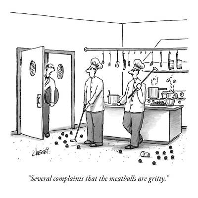 Chefs Sweeping Meatballs in Kitchen Drawing