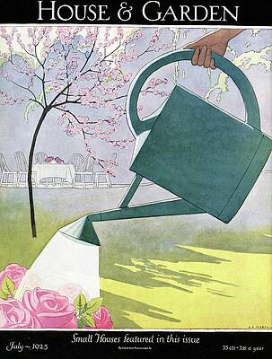 Watercolor Wall Art featuring the photograph A Watering Can Above Pink Roses by Andre E Marty