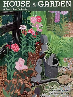 Watercolor Wall Art featuring the photograph A Watering Can And A Shovel By A Flower Bed by Witold Gordon