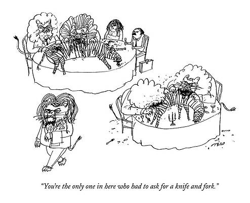 Silverware Wall Art featuring the drawing A Wife Addresses Her Husband In A Restaurant by Edward Steed