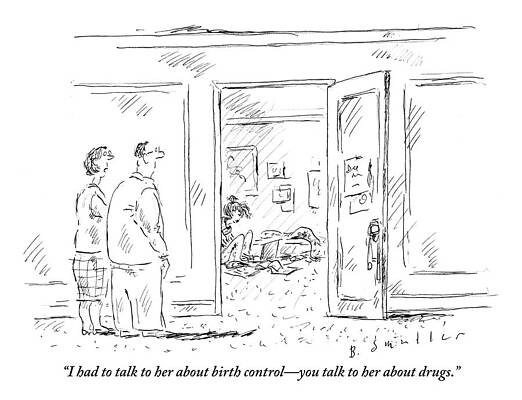 Teen Wall Art featuring the drawing A Wife And Husband Talk Outside Of Their Teenage by Barbara Smaller