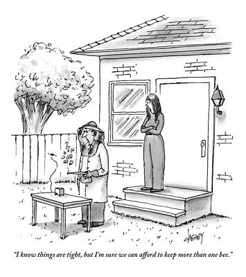 Bee Wall Art featuring the drawing A Wife Talks To Her Beekeeper Husband Who by Tom Cheney