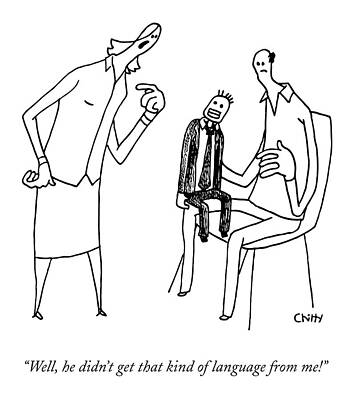 Puppy Wall Art featuring the drawing A Wife Yells At Her Ventriloquist Husband by Tom Chitty