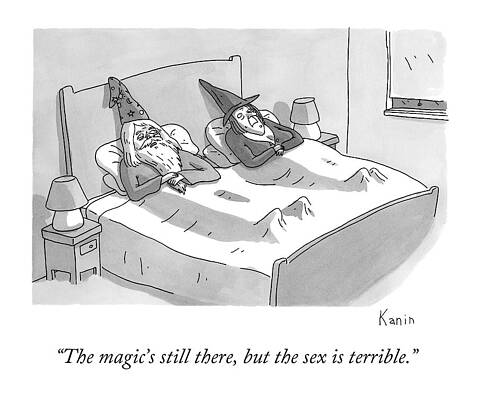 Wizard Wall Art featuring the drawing A Wizard And A Witch Lay In Bed Together by Zachary Kanin